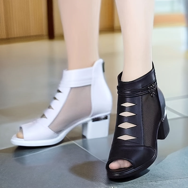Women Short Boots Netting Block Heel Open Toe Summer Zipper Rubber Sole