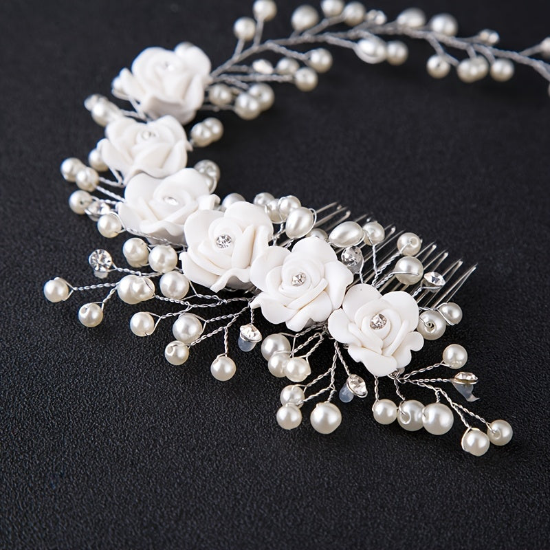 Faux Pearl Headband for Brides with Rose Detailing Wedding Hair Accessory