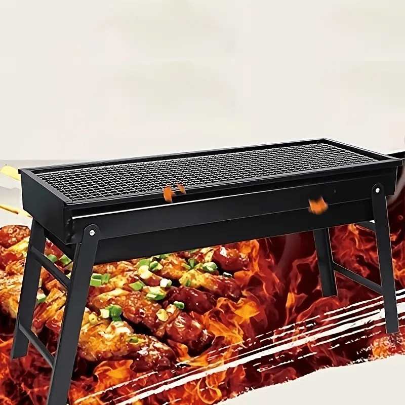 Portable Folding Charcoal Grill with Mesh Top and Side Shelves for Camping and Outdoor Cooking