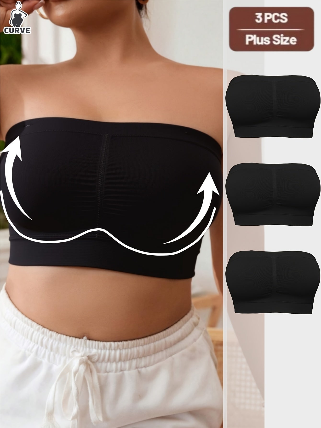 Women's Seamless Wireless Sport Bandeau Bra Pack Black Medium Size