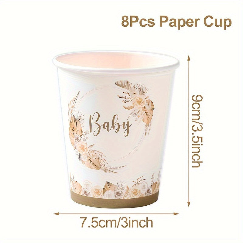 Boho Baby Shower Tableware Kit for 8 Floral Paper Plates Napkins Cups