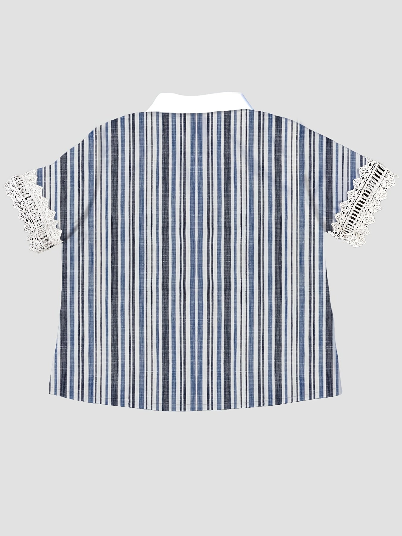 Women's Striped Short Sleeve Shirt with Lace Detail White Blue Polyester