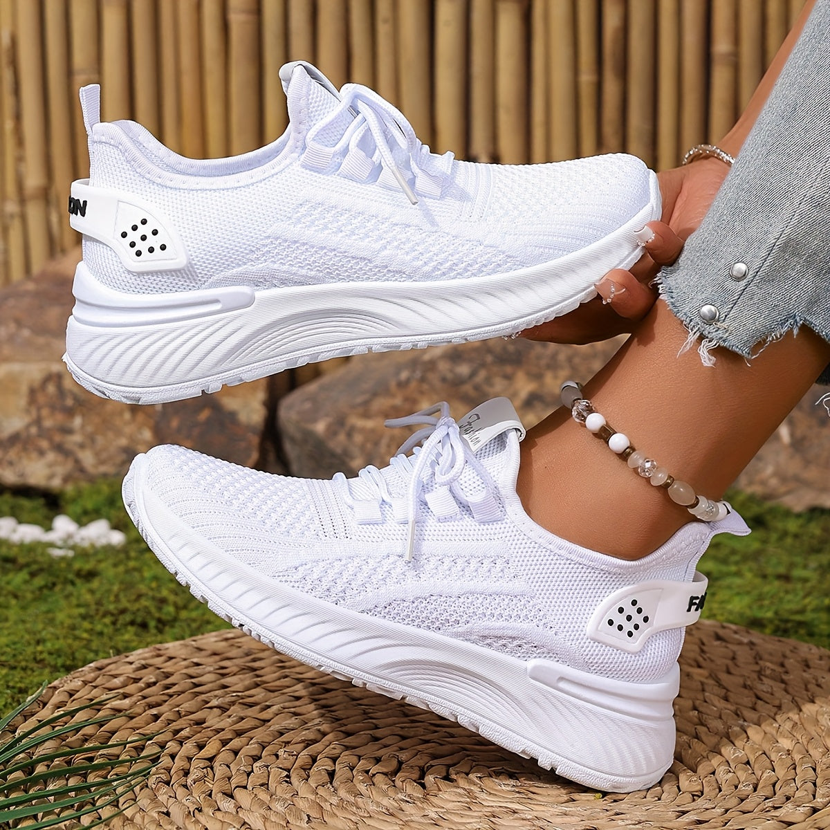 Women's Breathable Knit Sneakers Lightweight Casual Running Shoes Beige White Red