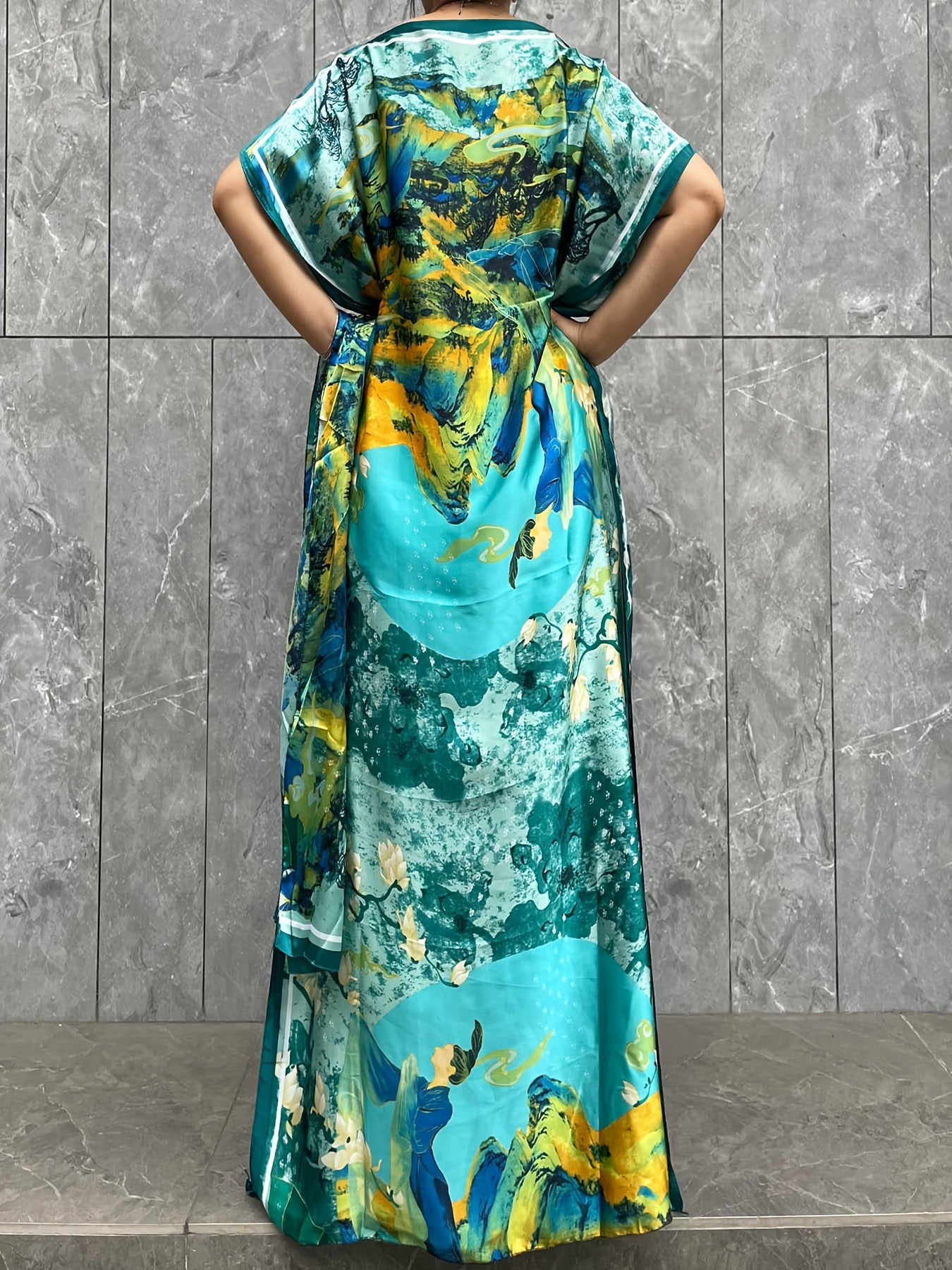 Платье для женщин больших размеров с цветочным принтом и рукавами-крылышками и шарфом, цвет: бирюзовый и желтый