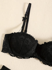 Women's Floral Lace Lingerie Set with Push-Up Balconette Bra and Matching Bikini Panties