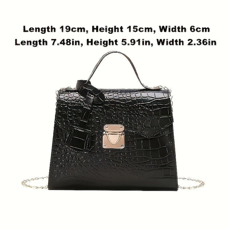 Women's Crocodile-Embossed Satchel Bag with Detachable Chain Strap and Twist Lock Closure in Black White Green Light Brown