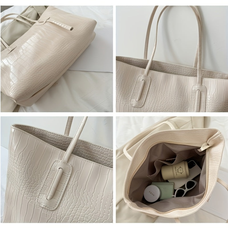 Ayollar uchun katta sig'imli to'plam sumkasi, krokodil naqshli sintetik charm, zip yopilishi, qora va bej rang variantlari, har kuni foydalanish uchun ideal.