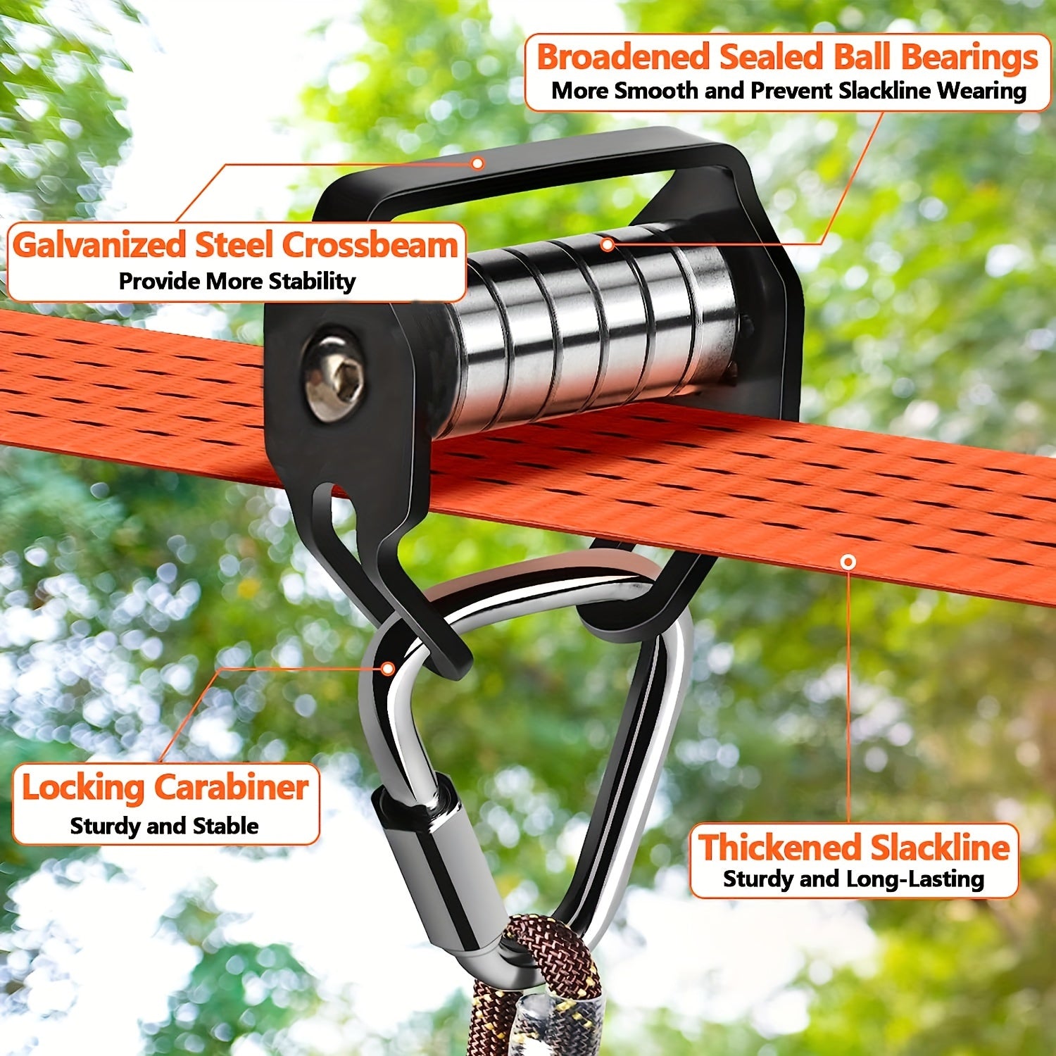 Bitta apelsin rangli polyester zip line to'plami, 15.24 metr, bolalar va kattalar uchun mos, maksimal yuk 149.69KG, jangchi to'siqlar kurslari uchun ideal.