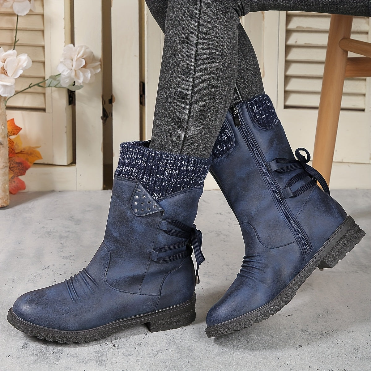 Women's Faux Cover Chunky Heel Ankle Boots with Zip Closure