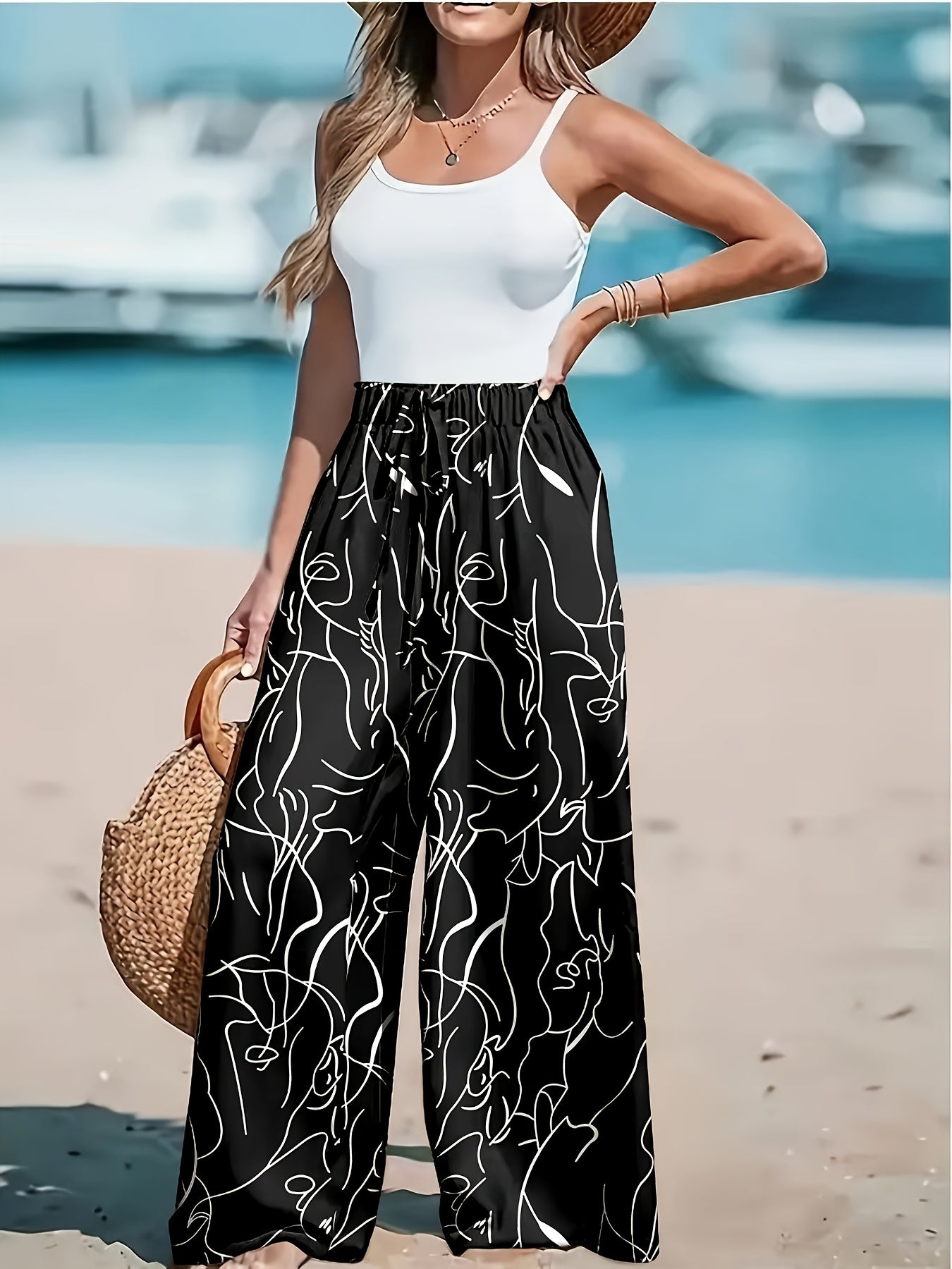 Women's Plus Size Black and White Striped Wide-Leg Pants Loose Fit Lightweight Summer Trousers