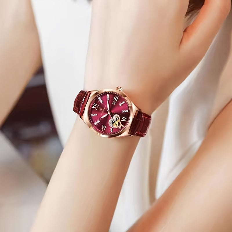 Women's Heart-Shaped Rhinestone Watch with Luminous Dial and Leather Band