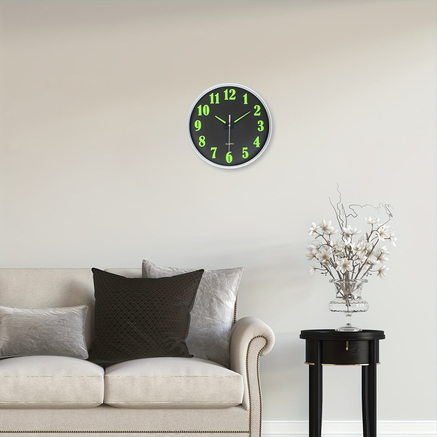 8-Inch Wall Clock with Luminous Green Numerals Silent Battery-Powered for Living Room Bedroom Outdoor