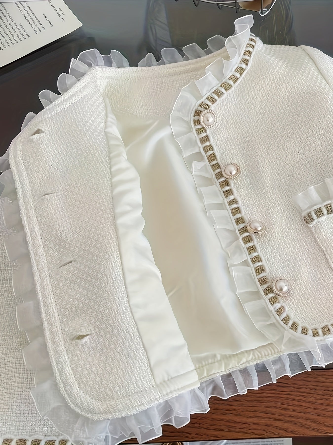 Qizlar uchun nafis sud uslubidagi kiyim to'plami, dantel tafsilotlari bilan uzun qo'lqopli krujka ko'ylak va pliseli yubkadan iborat, polyester va aralashmadan tayyorlangan, bahor va kuz uchun mukammal.