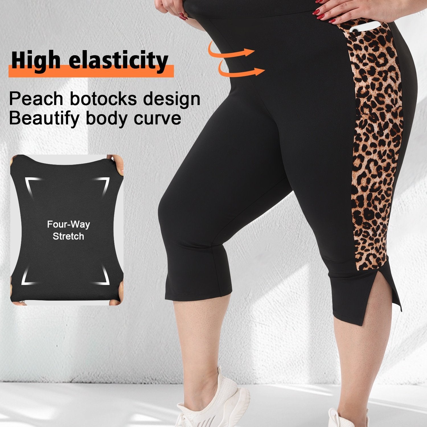 Plus Size High-Waisted 7/8 Leggings with Leopard Print Cuffed Ankle Slits