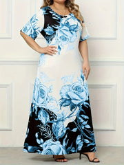 Plus Size Floral Print Dress for Women Spring Summer Short Sleeve Crew Neck Elegant