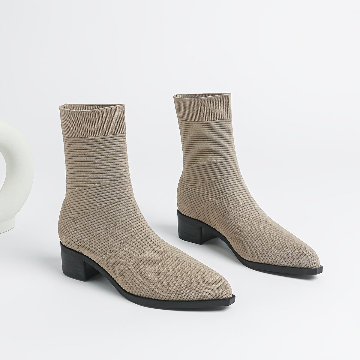 Women's Breathable Knit Ankle Boots Slip-On Chunky Heel Gray Short Boots