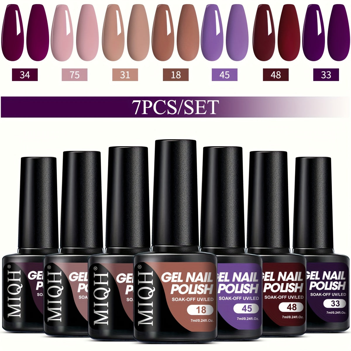 7-Piece Gel Nail Polish Set Black White Nude Semi-Permanent UV LED Soak Off