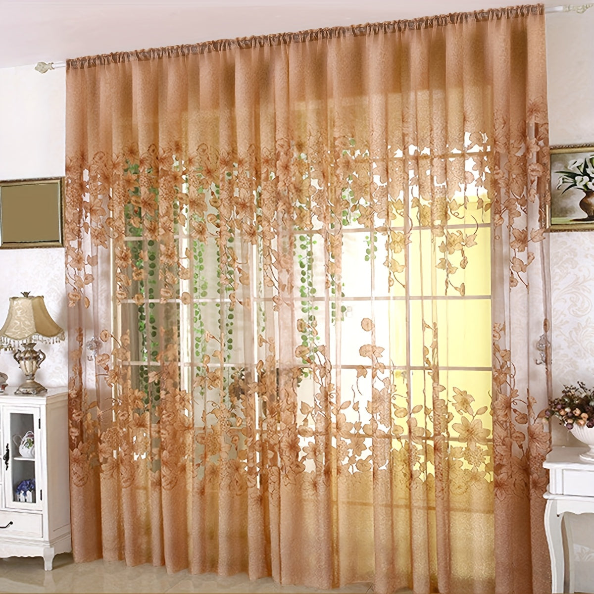 Sheer Curtain with Flower Pattern Pastoral Morning Glory Single Layer Rod Pocket for Living Room Bedroom