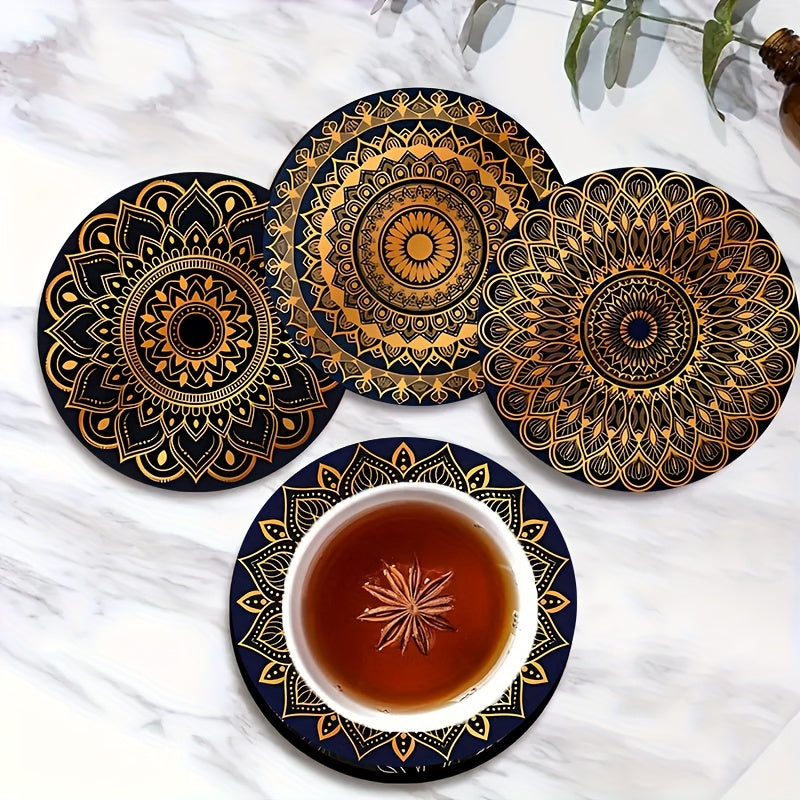 Golden Mandala Coaster Set with Intricate Design for Beverages and Gift Giving