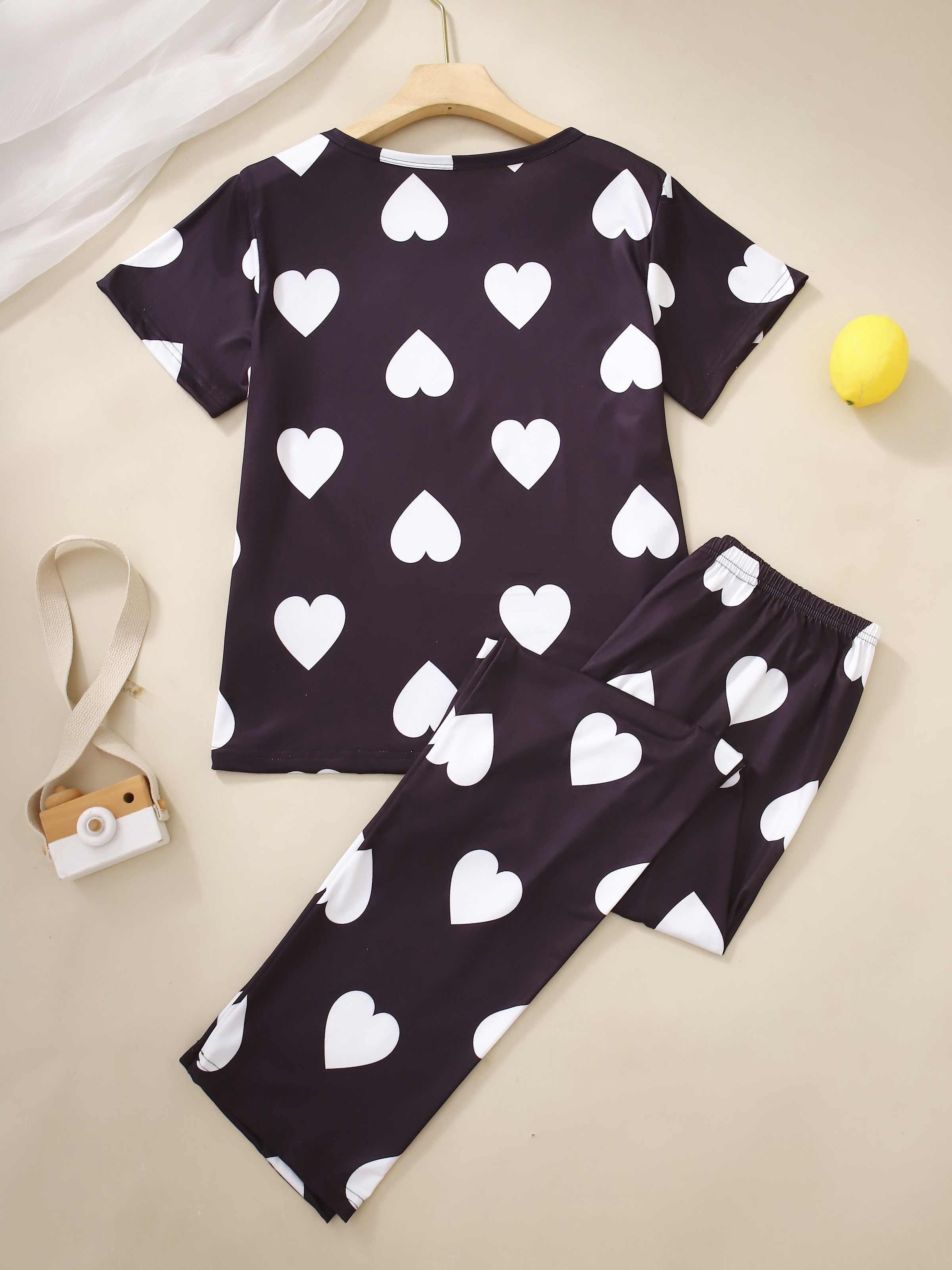 Adult Print Short-Sleeve Pajama Set with Long Pants Polyester