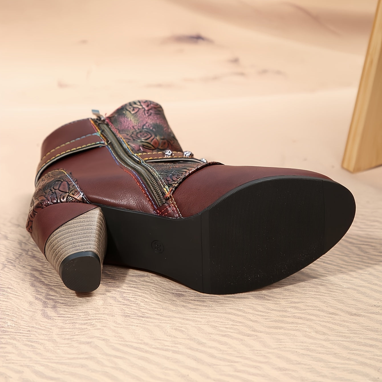 Women's Bohemian Rose Embossed PU Ankle Boots with Zipper and Cone Heel