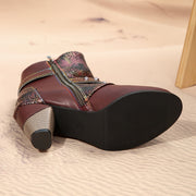 Women's Bohemian Rose Embossed PU Ankle Boots with Zipper and Cone Heel