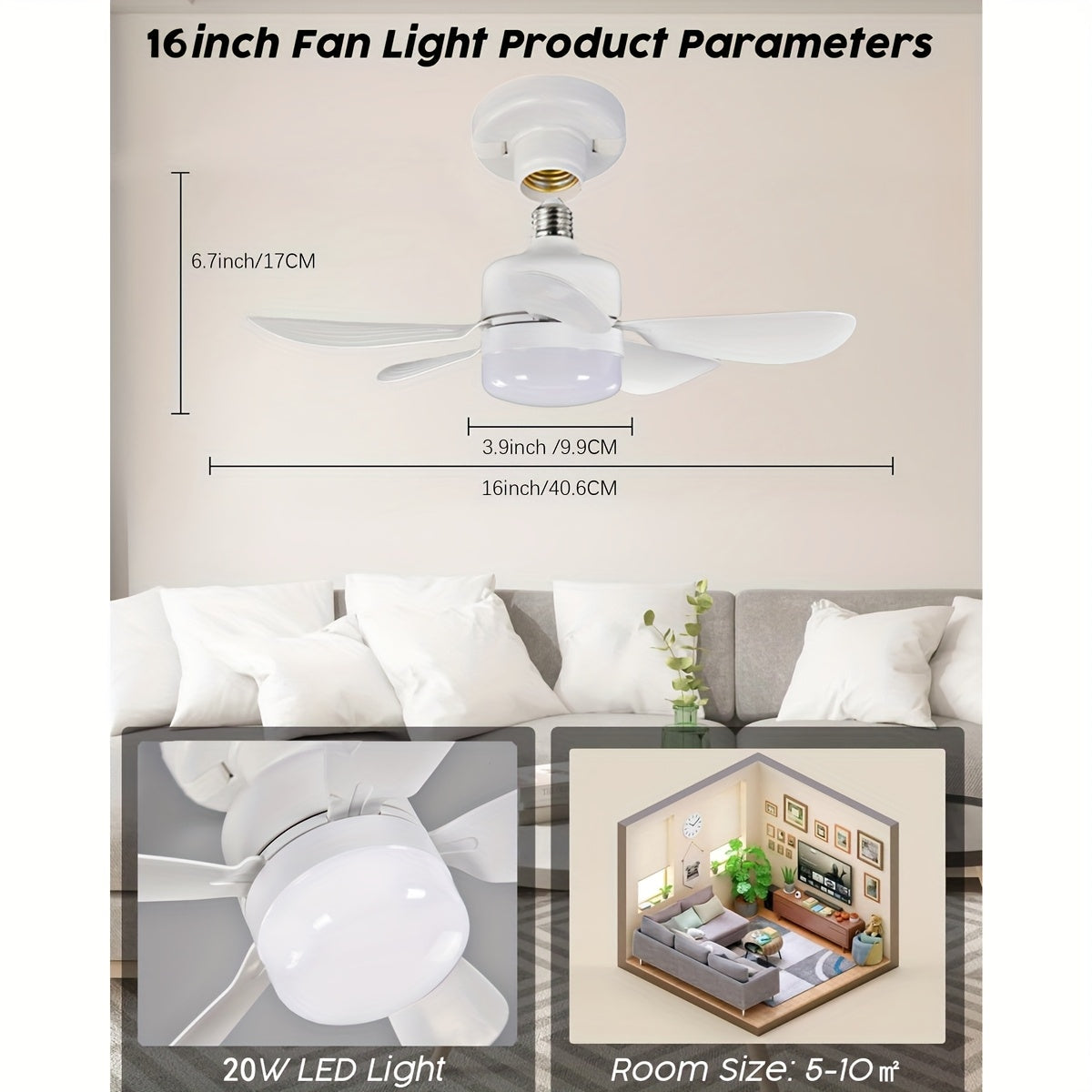 Masofadan boshqariladigan, sozlanadigan yoritish rejimlari va tezliklari bilan oson o'rnatiladigan oq smart fan chiroqlari, turli xonalar uchun ideal.