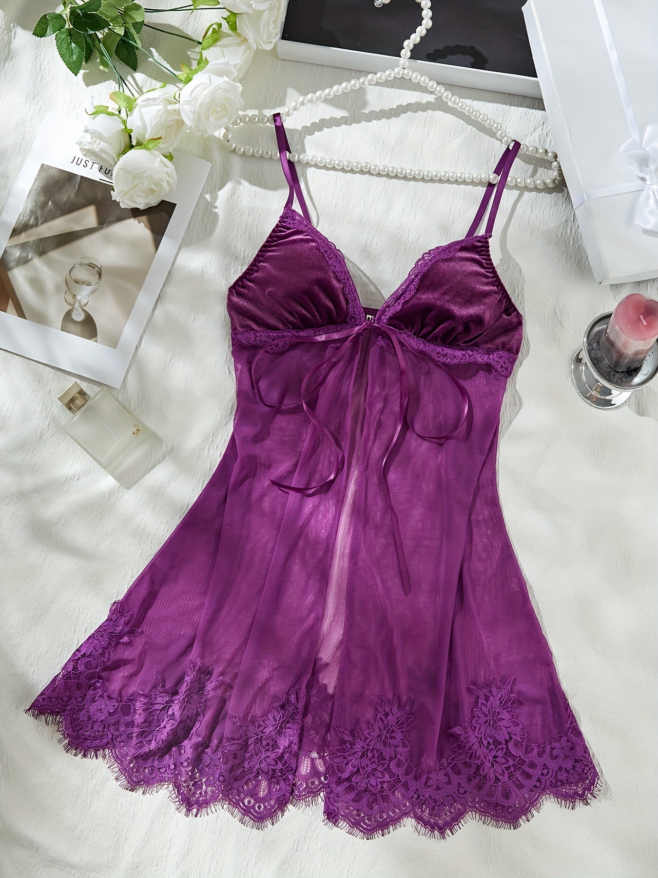 Polyester Babydoll Lingerie with Mesh, Lace Trim and Tie Closure