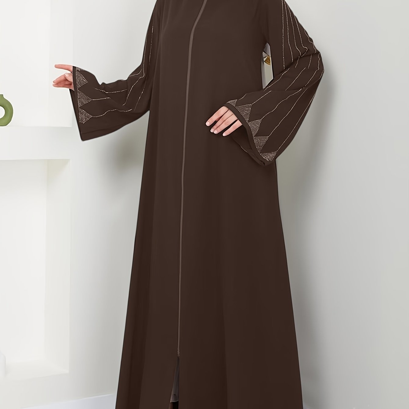 Brown Rhinestone Embellished Abaya for Muslim Women Long Sleeve Polyester Dress