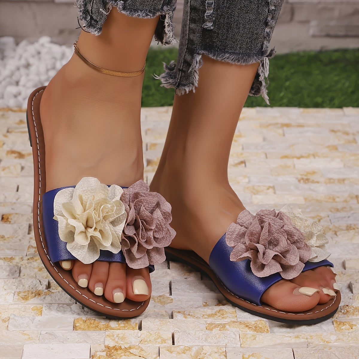 Женские цветочные шлепанцы на плоской подошве с открытым носком, повседневные бежевые и коричневые