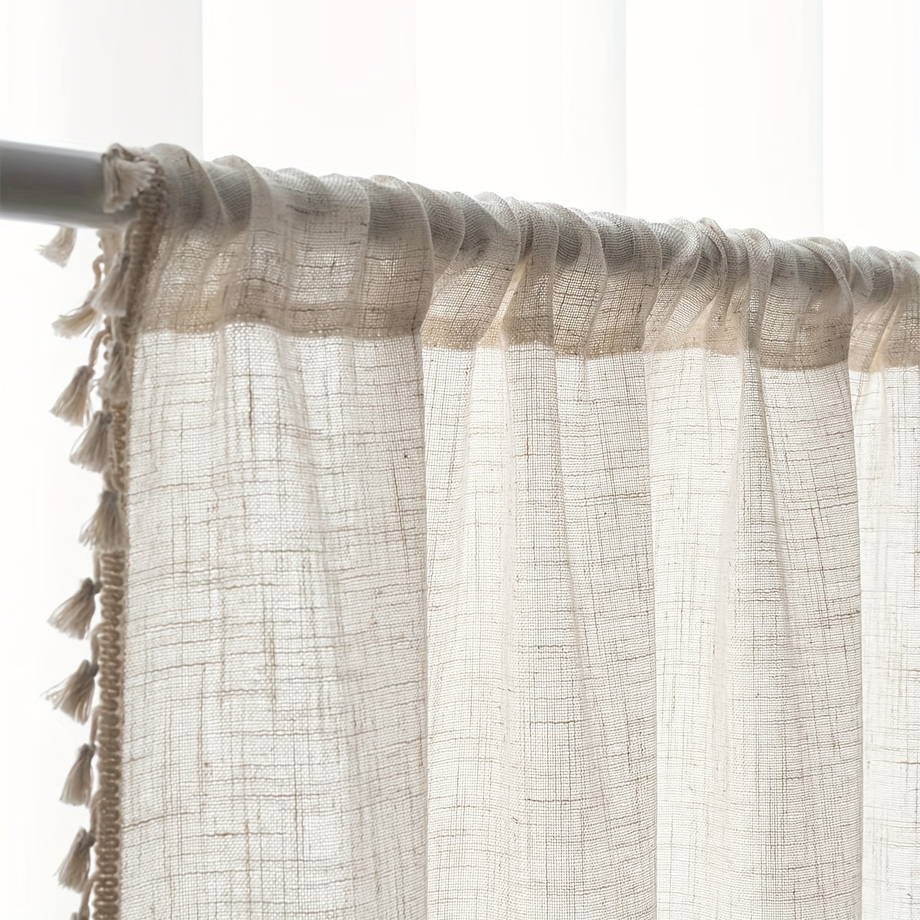 Beige Lace Linen Sheer Curtain with Tassels for Bedroom Living Room Office