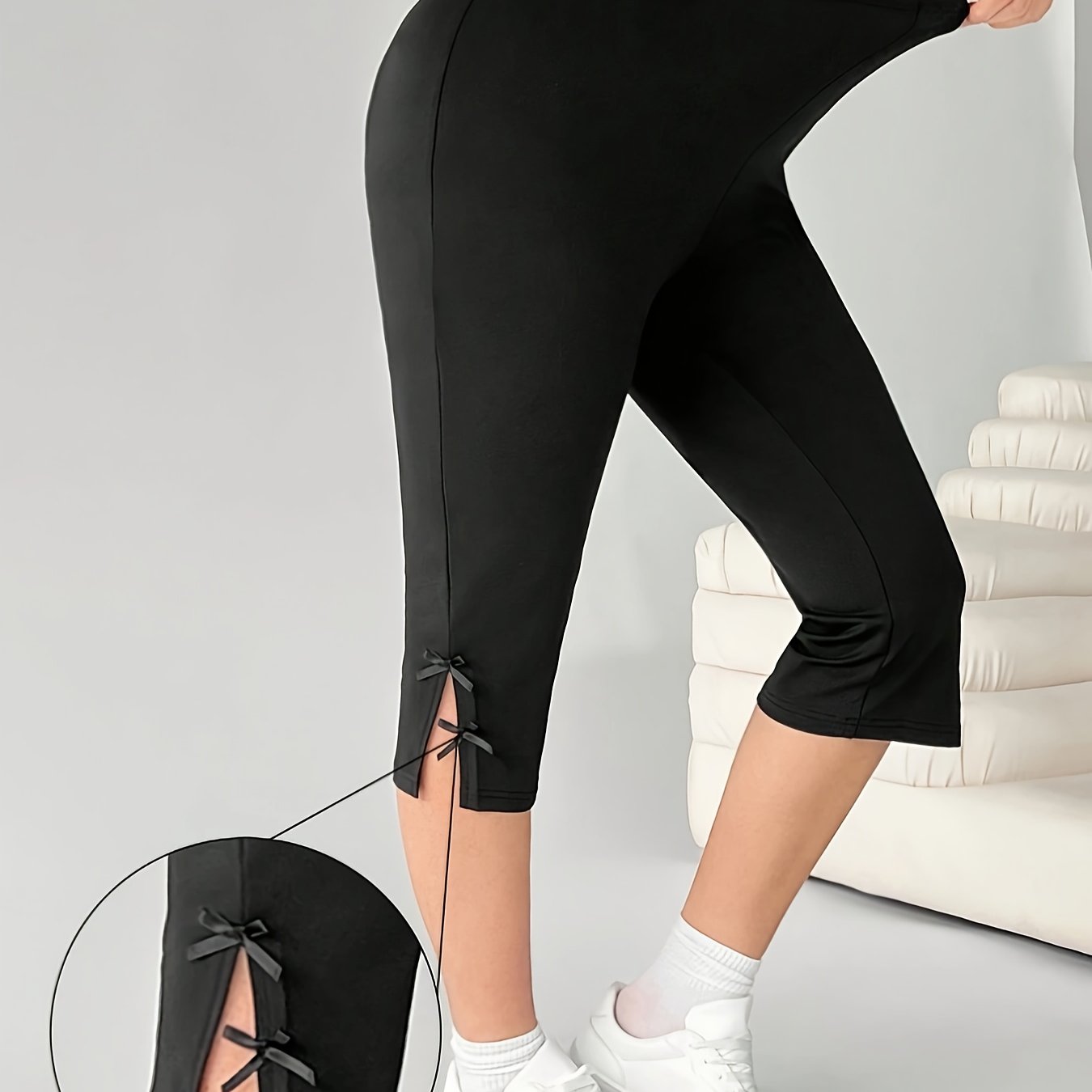 Leggings de mujer de talla plus de capri de cintura alta de 3/4 de longitud beige elásticos