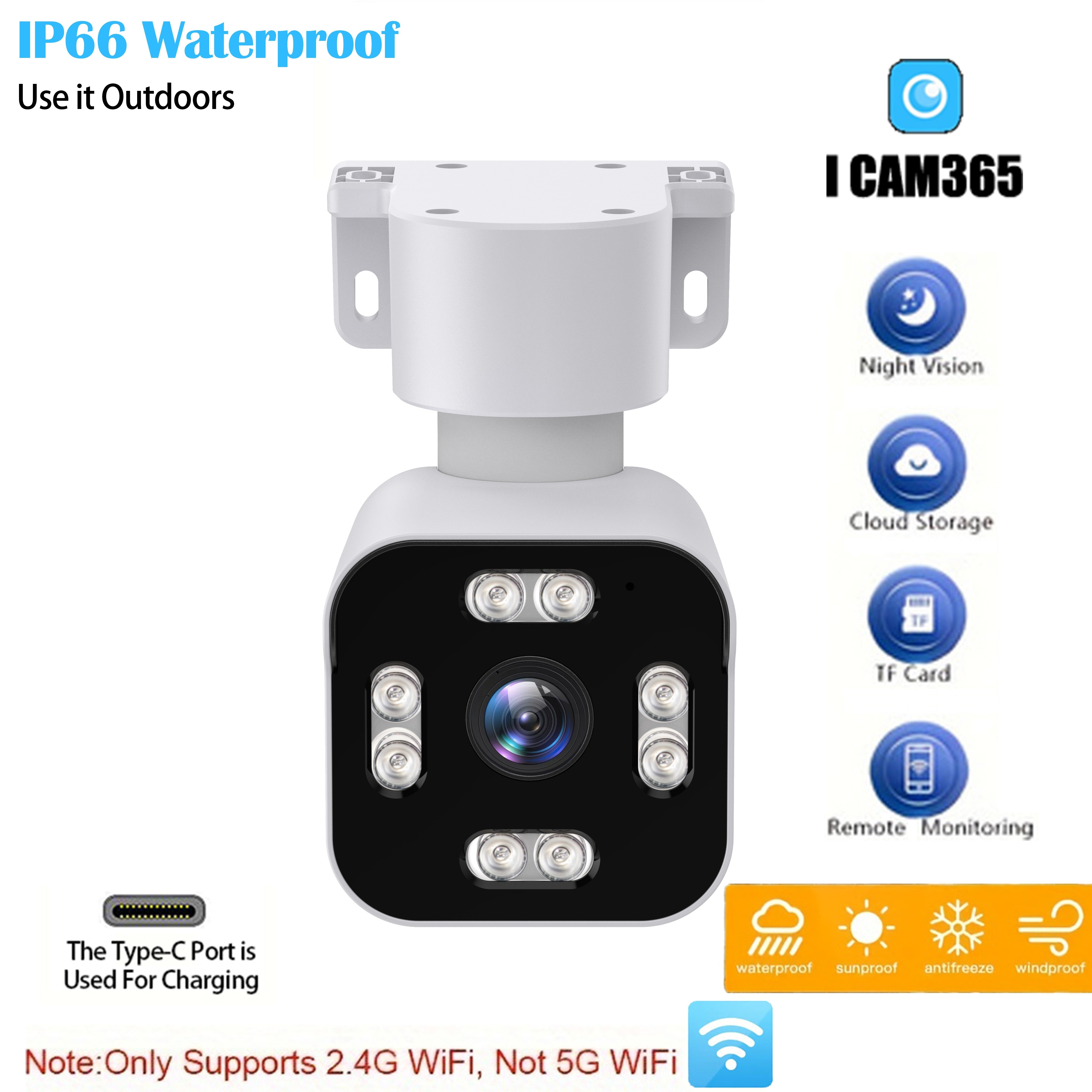 Cámara de seguridad exterior IP66 impermeable, WiFi de 2.4G, visión nocturna, detección de movimiento