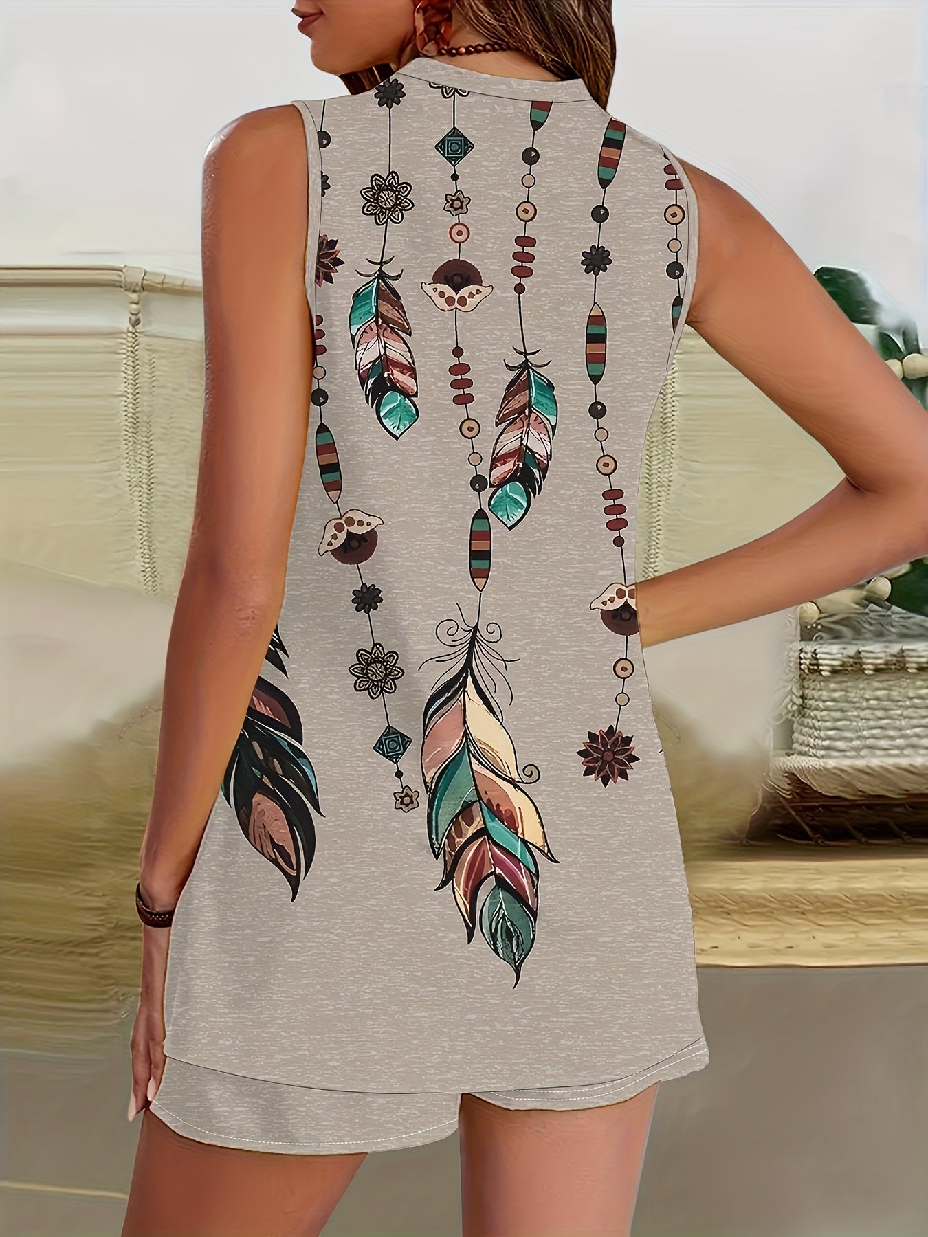 Women's Sleeveless V-Neck Jumpsuit with Pockets All-Over Print Polyester Elastane Summer