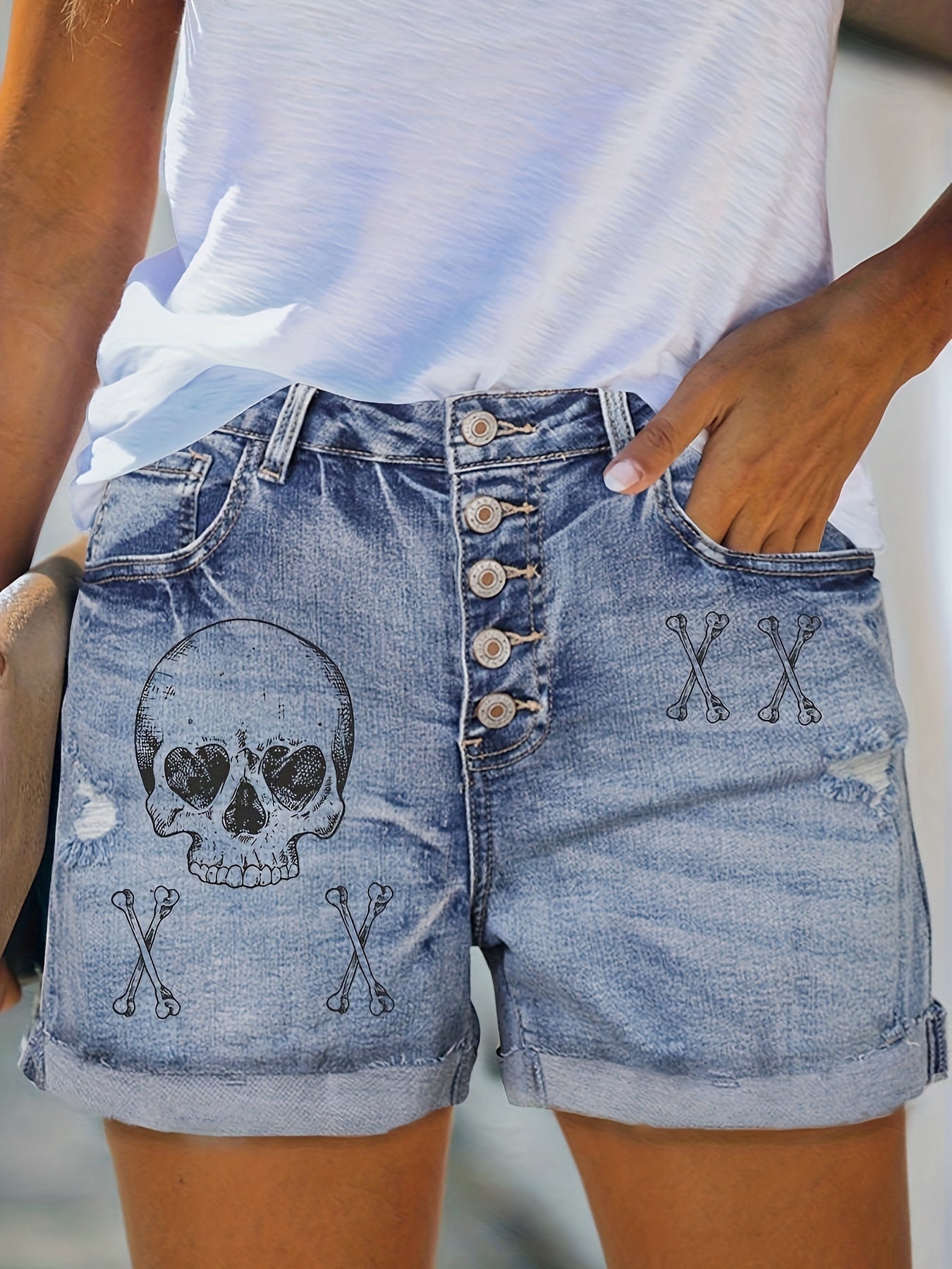 Ayollar uchun yirtilgan denim shortlari Gothic Punk qotil boshi bosilgan, kattaroq o'lchamli, yuqori cho'zilishli