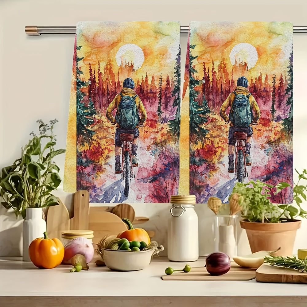 Set of 2 Vibrant Bicycle Adventure Kitchen Towels 40x60cm Absorbent Machine Washable