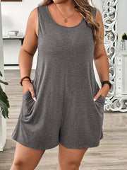 Mono sin mangas para mujer talla grande gris de cintura alta, casual, verano transpirable