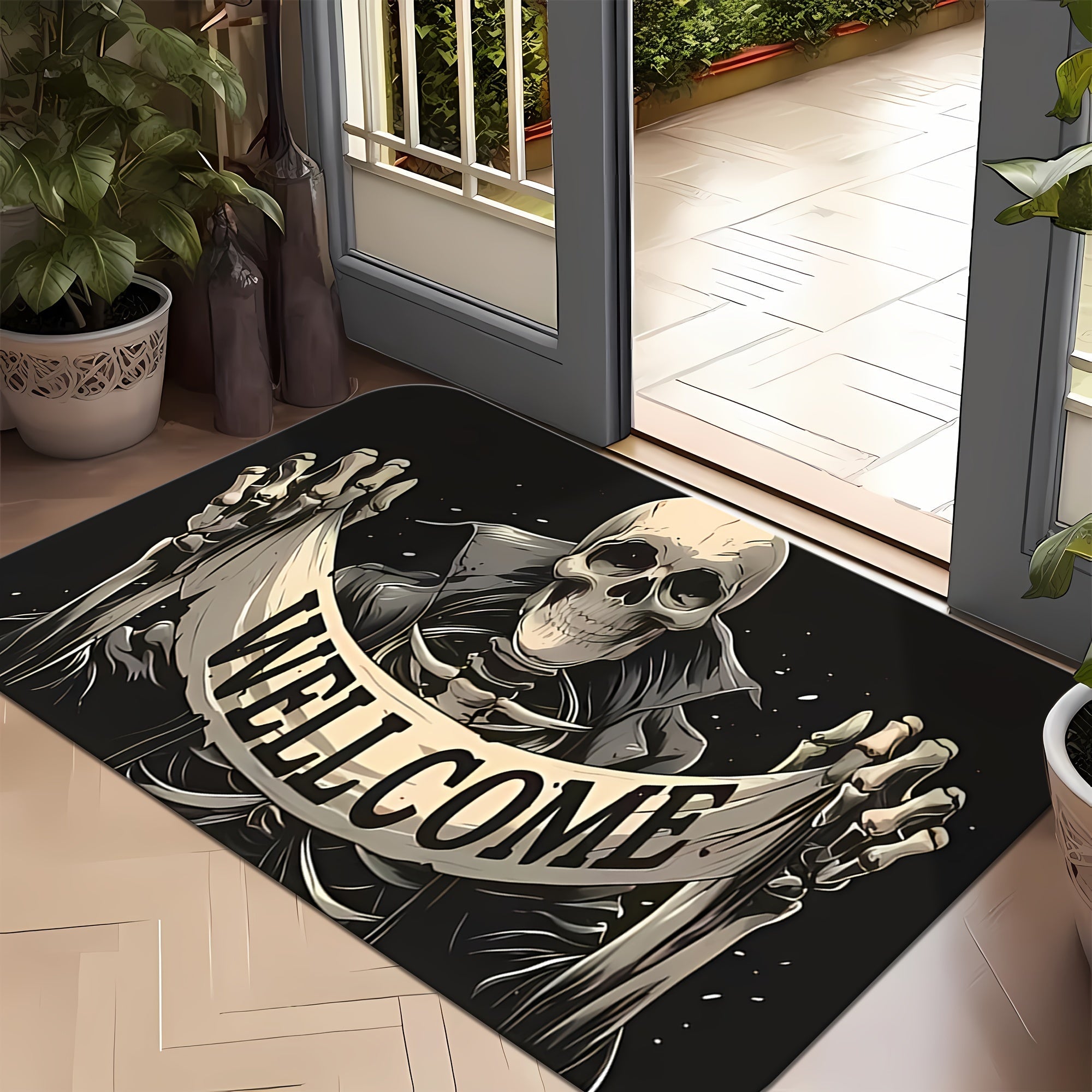 Halloween Skull Welcome Door Mat Non-Slip Stain-Resistant Flannel Rug