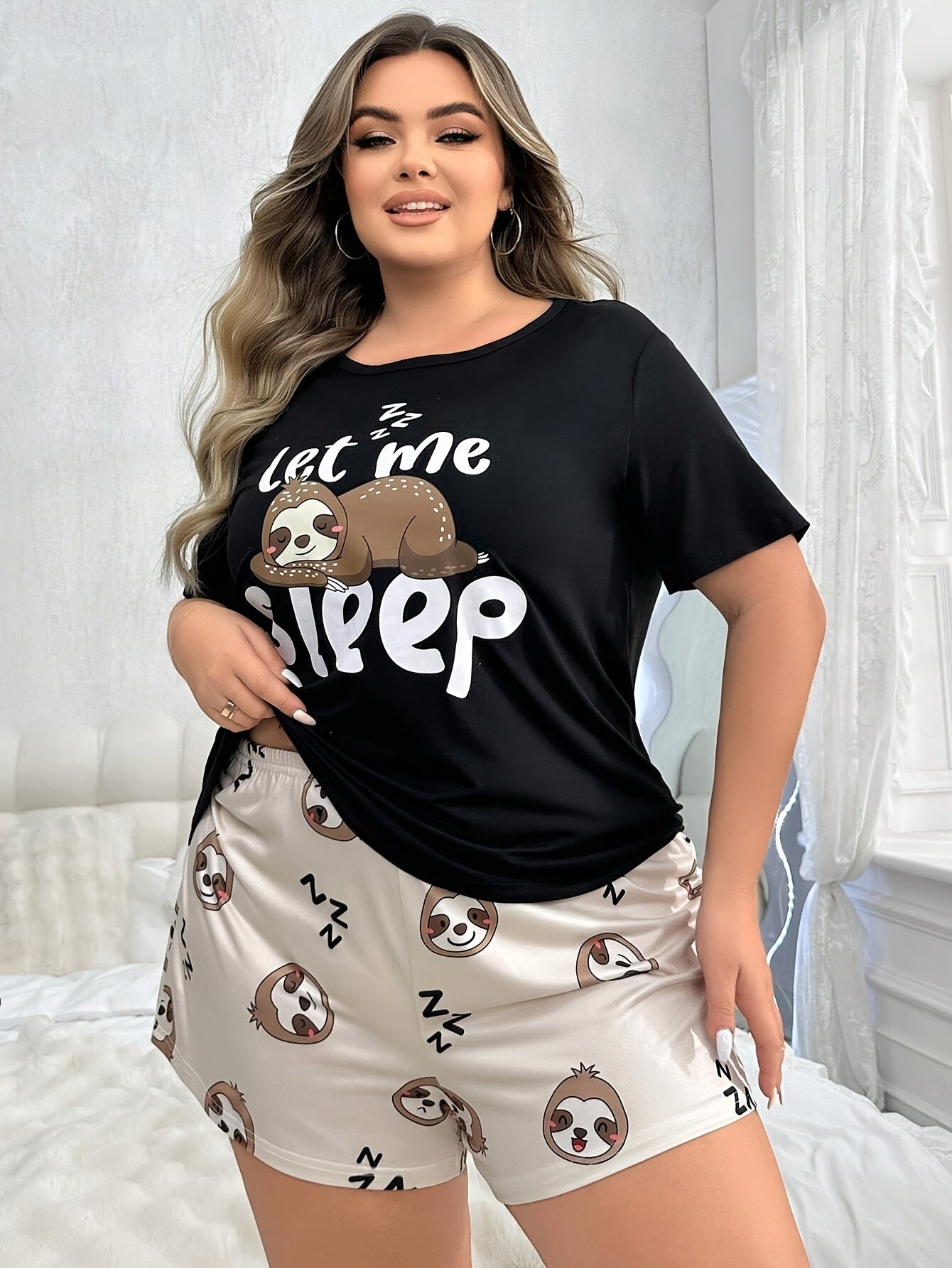Plus Size Women's Pajama Set Short Sleeve Crew Neck Top Shorts Lounge Sleepwear