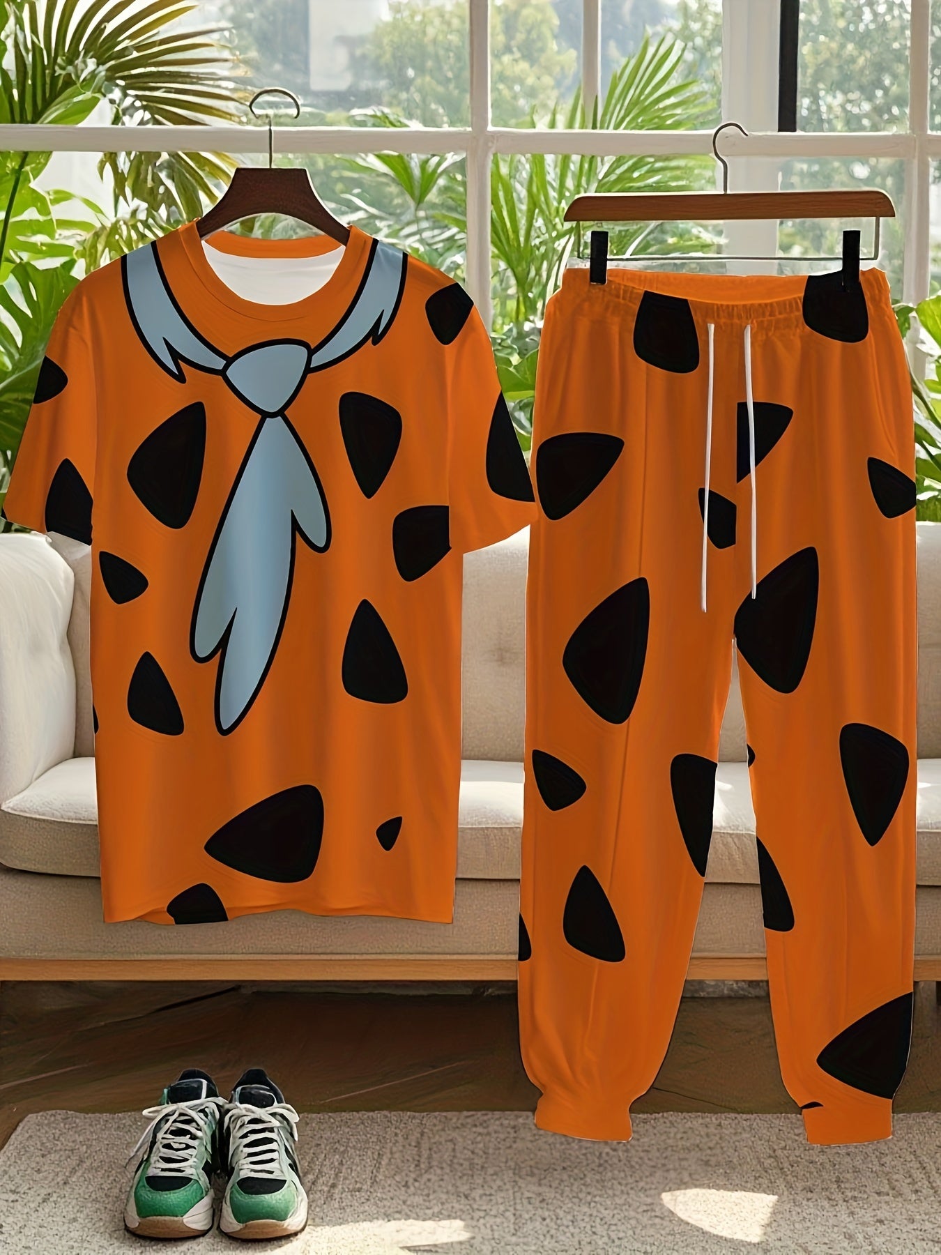 Men's Plus Size Pumpkin Yellow Casual Outfit with "Crazy" Man Print Knit Fabric