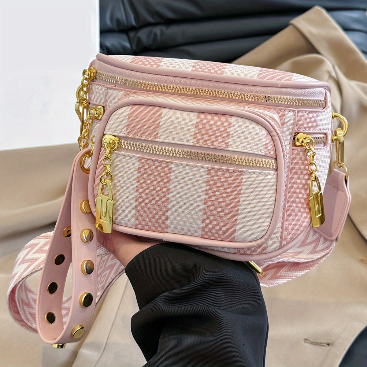 Ayollar uchun Koreys moda ko'krak sumkasi, chiziqli dizayn, sozlanadigan kamar, zip yopilishi