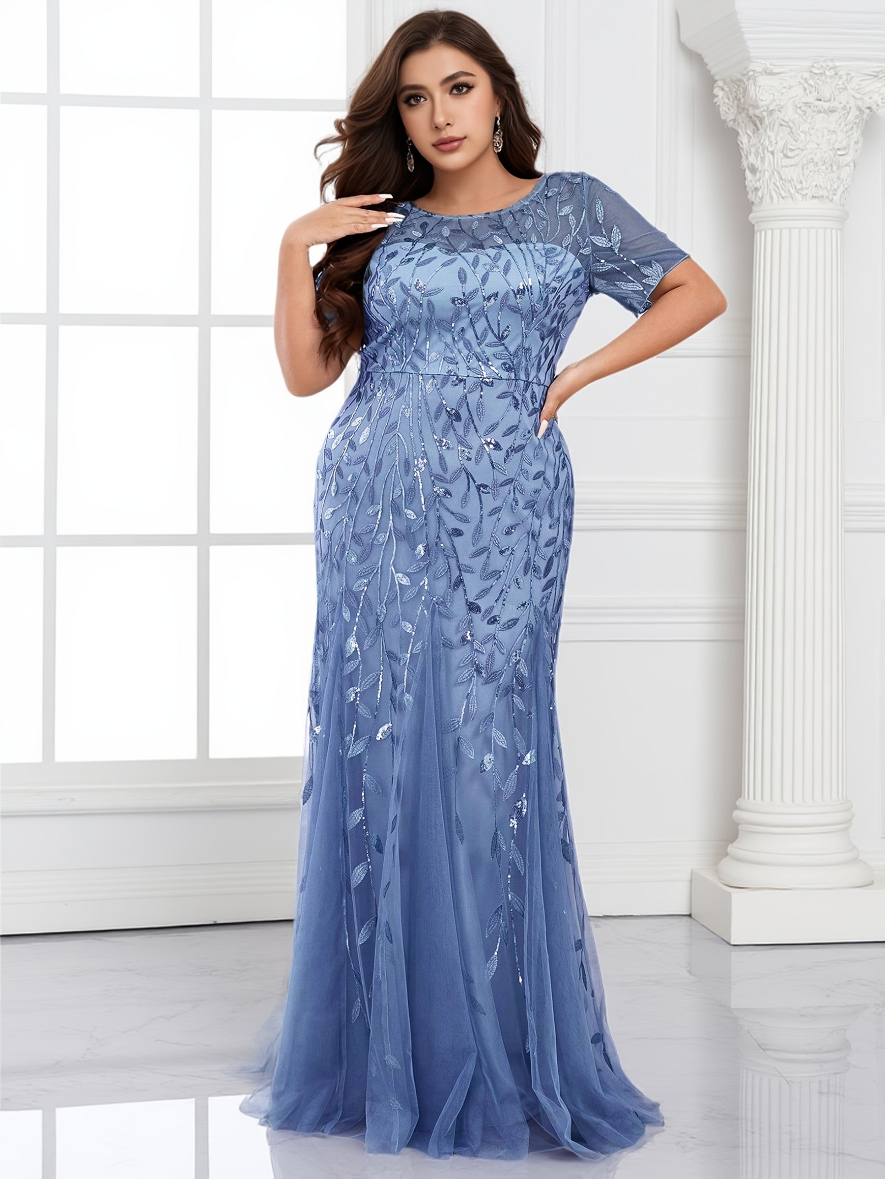 Plus Size Women’s Mermaid Evening Gown Sparkling Sequin Short Sleeves