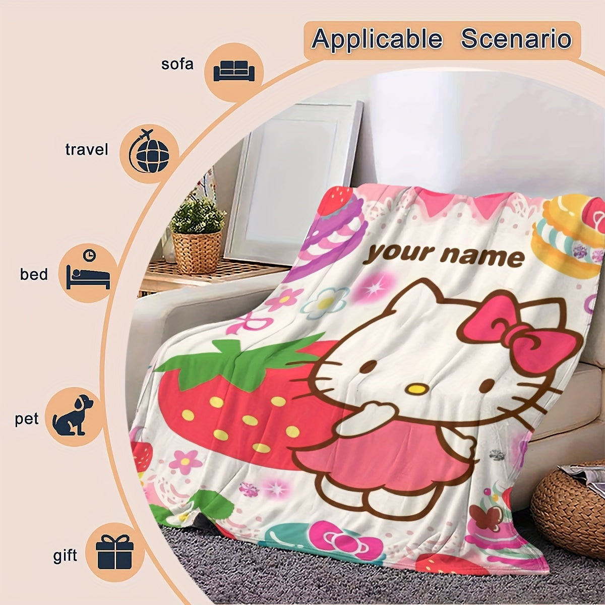 Cartoon Hello Kitty Custom Flannel Blanket Cozy Soft Warm Gift for Fans