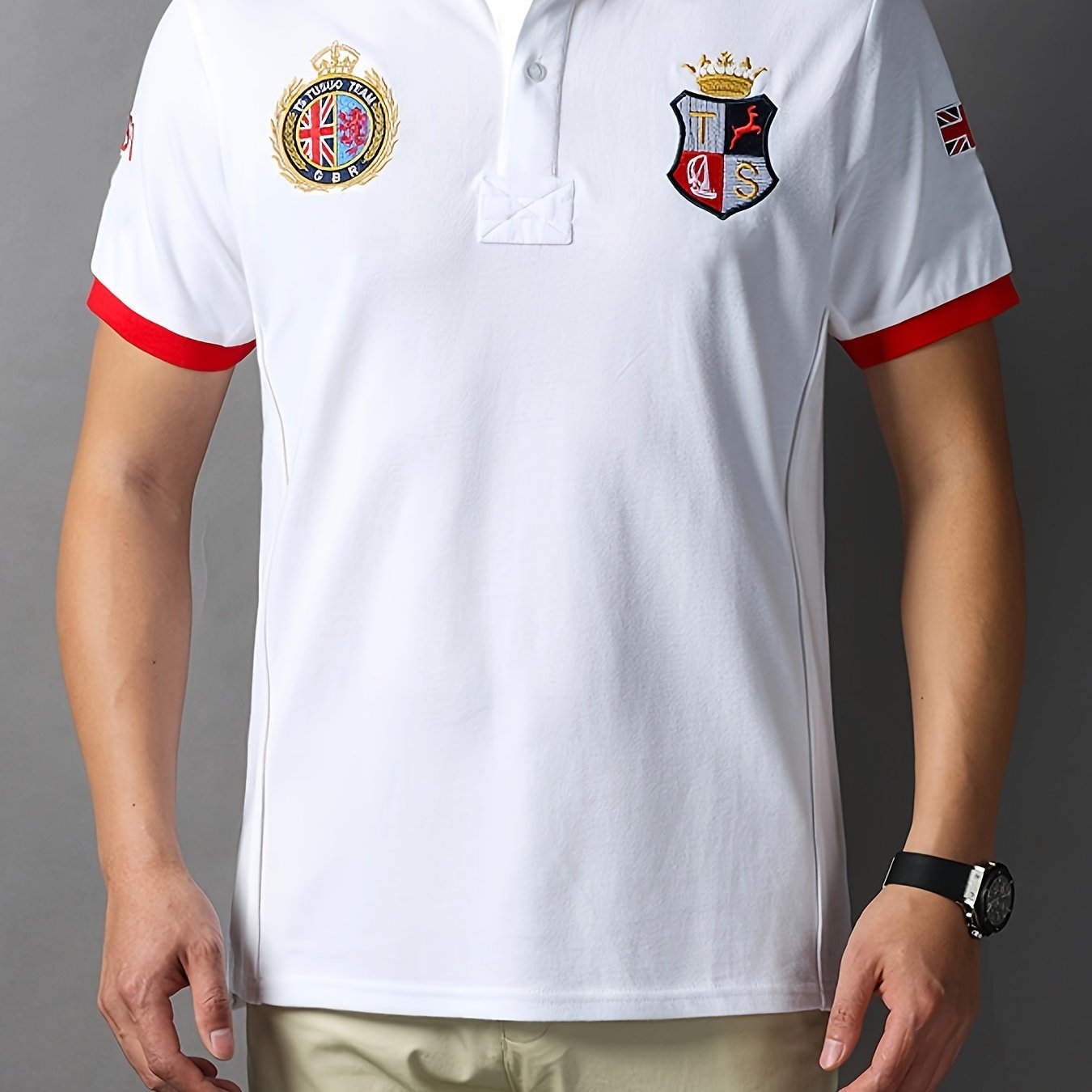 TS Erkaklar uchun Katta O'lchamdagi Oq Paxta Ko'ylak, Logo, Qizil va Qora Trim, Yengil Matolar, Mashinada Yuvish Mumkin, Norasmiy/Ta'til Uslubi, Katta O'lchamdagi Norasmiy T-Shirt.