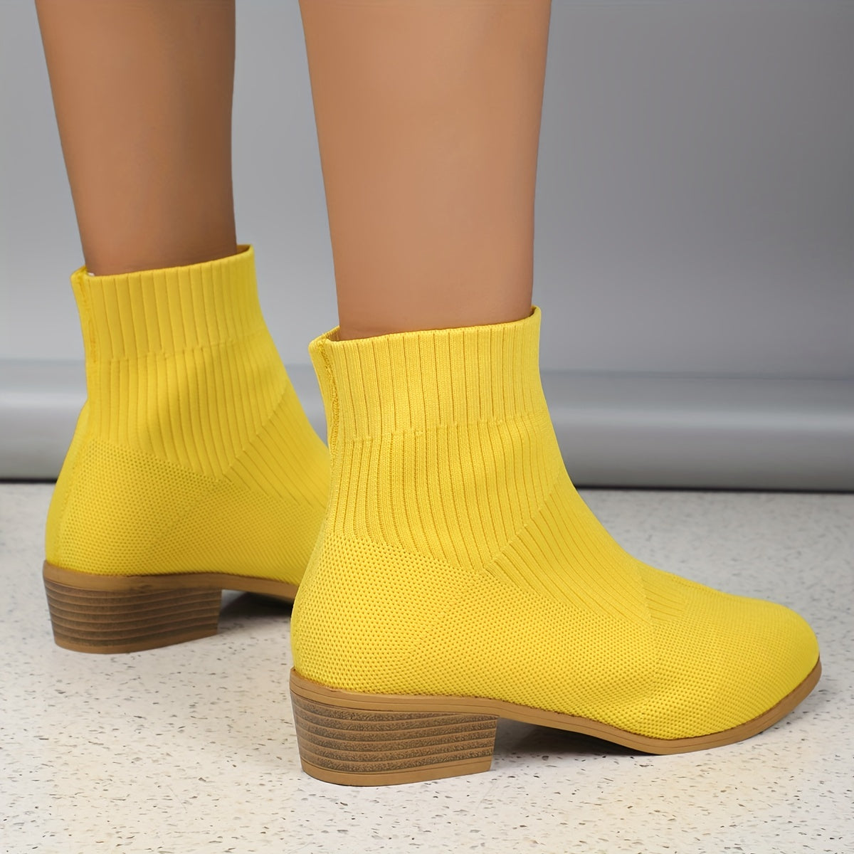 Women's Knit Boots Breathable Round Toe Chunky Heels Fall Sneakers