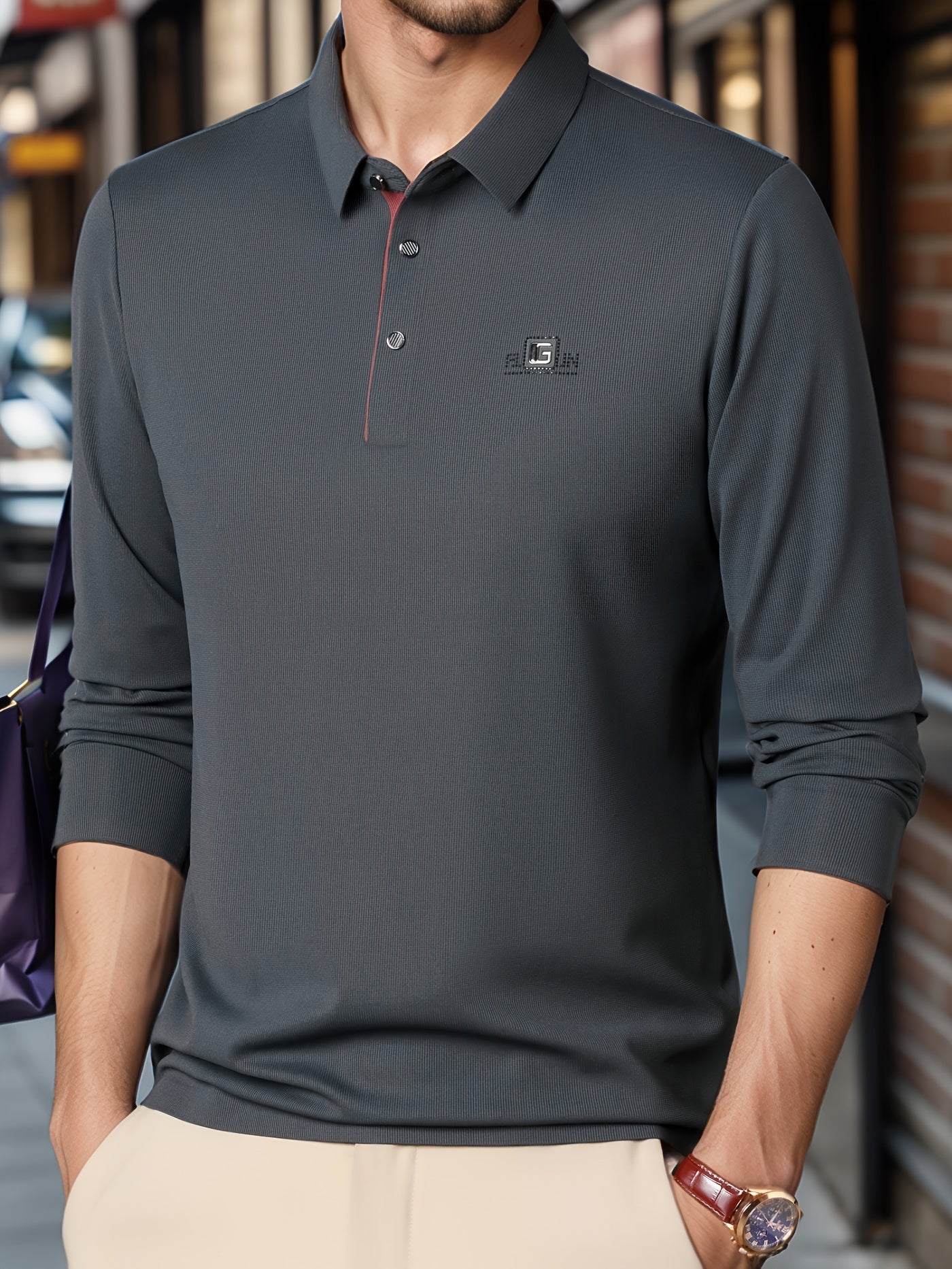 Camisa polo de golf para hombre con cuello de letras y poliéster spandex sólido