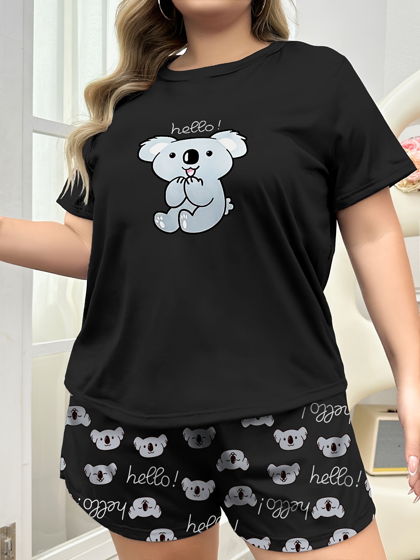 Plus Size Women's Pajama Set Cartoon Koala Print Short Sleeve Top and Bow Shorts