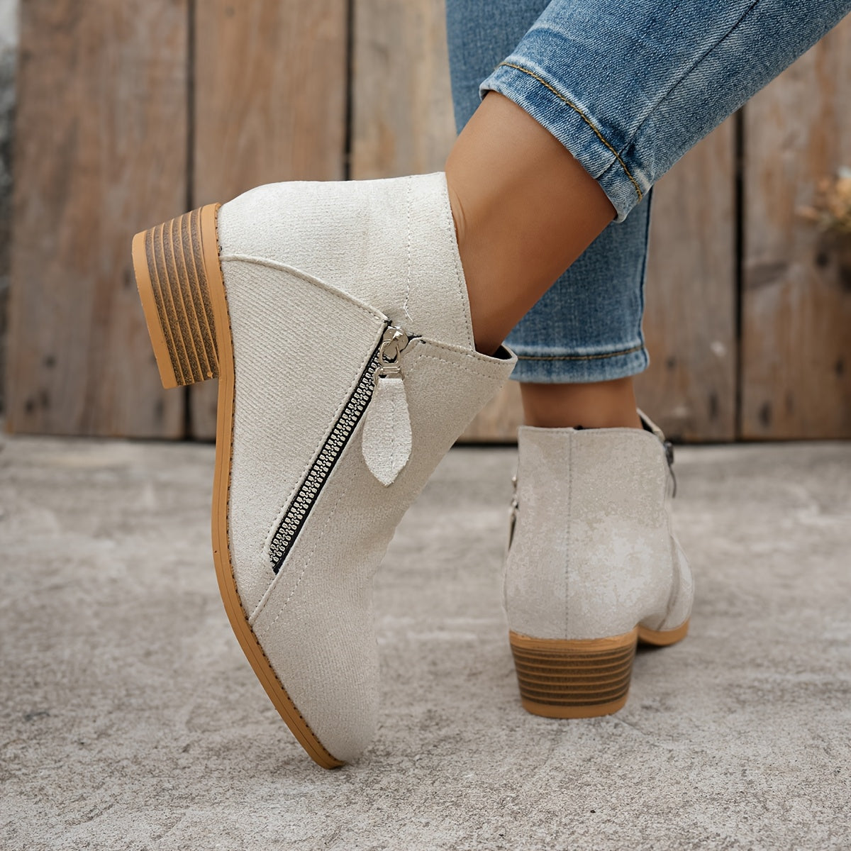 Women's Ankle Boots Solid Color Pointed Toe Mid-Heel Casual Slip-Ons