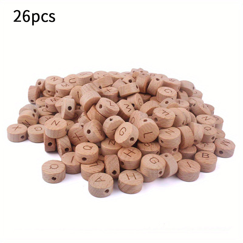 26 Pieces 15mm Beech Wood Flat Round Letter Beads for Jewelry Making
