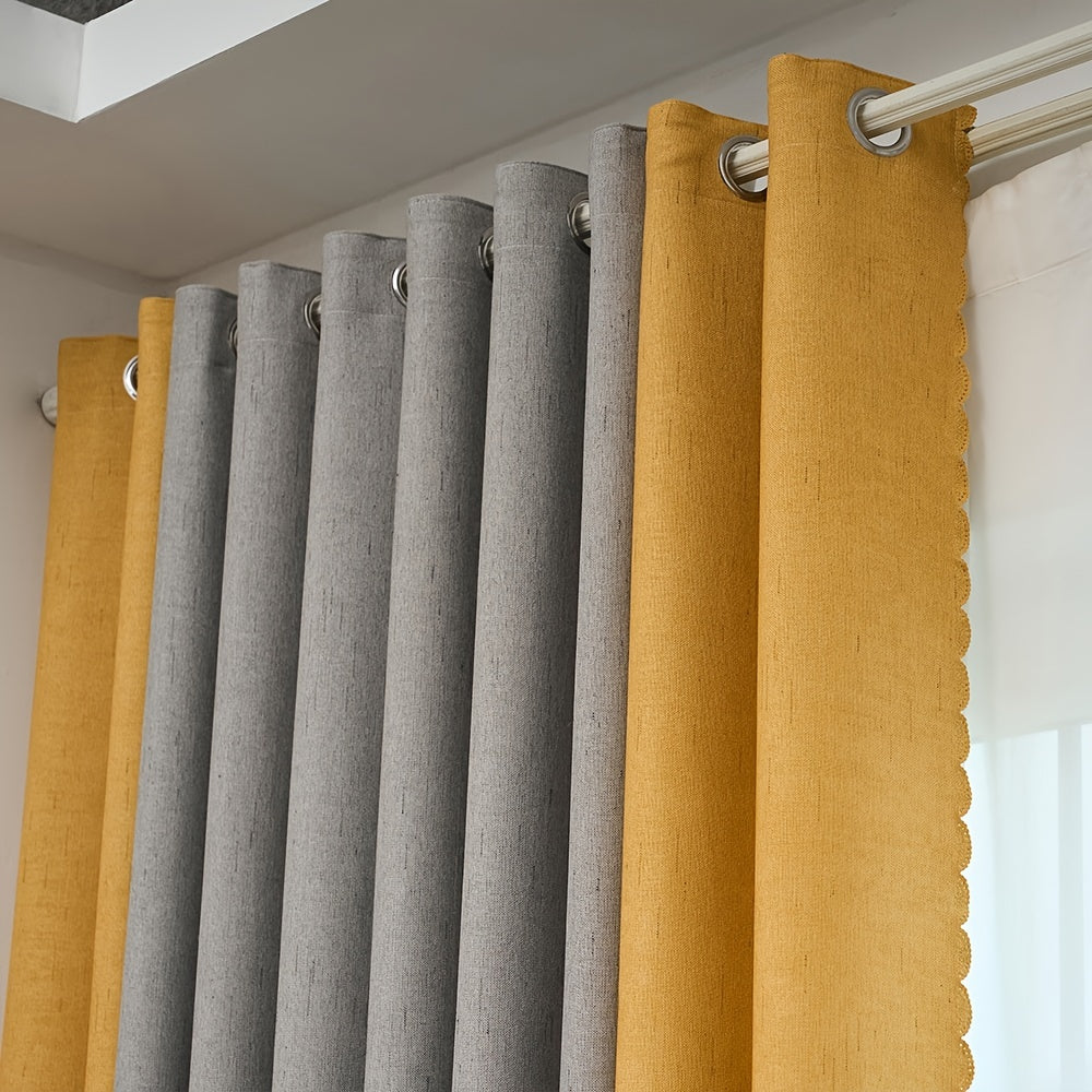 Gray and Yellow Fabric Patchwork Curtains Light-Blocking Machine Washable Cordless for Bedroom Living Room